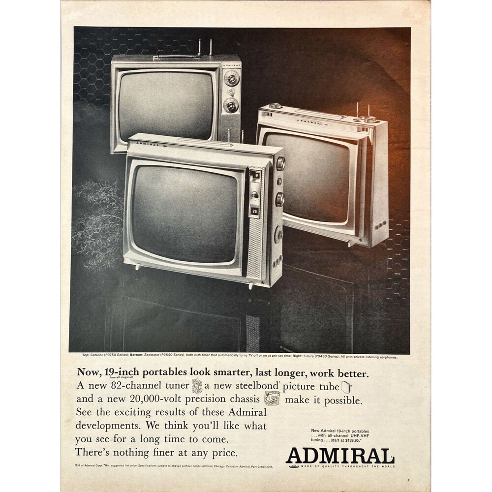Admiral 19 inch Portable Television "Look smarter-Last Longer" Vtg Print Ad 1964